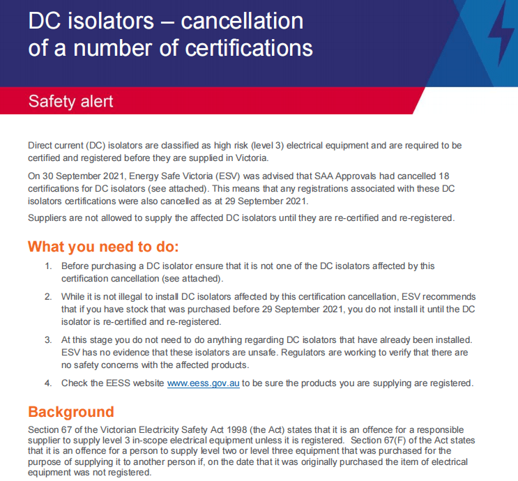 DC isolators Cancellation of SAA certifications in Australia