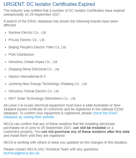 DC isolators Cancellation of SAA certifications in Australia5