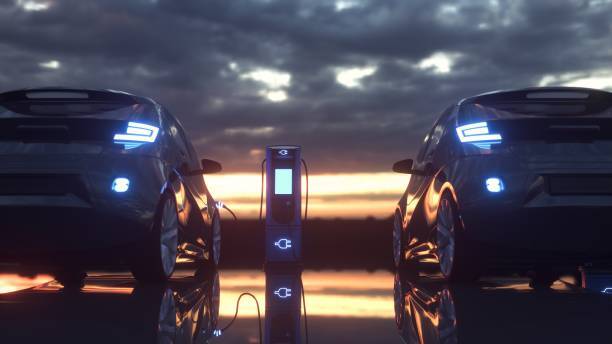 Electric cars charging at a charging station 3d rendering