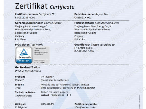 Beny Rapid Shutdown Devices CE certified TUV